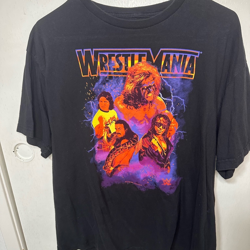 WWE WRESTLEMANIA T SHIRT MENS L ULTIMATE WARRIOR JAKE SNAKE BRET HART WWF RETRO